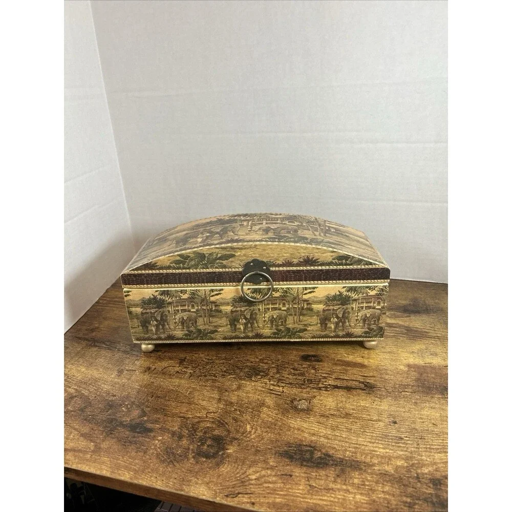 Wood Keepsake Chest Box Jungle Elephant Design Hinge Lid Decorative Storage Case